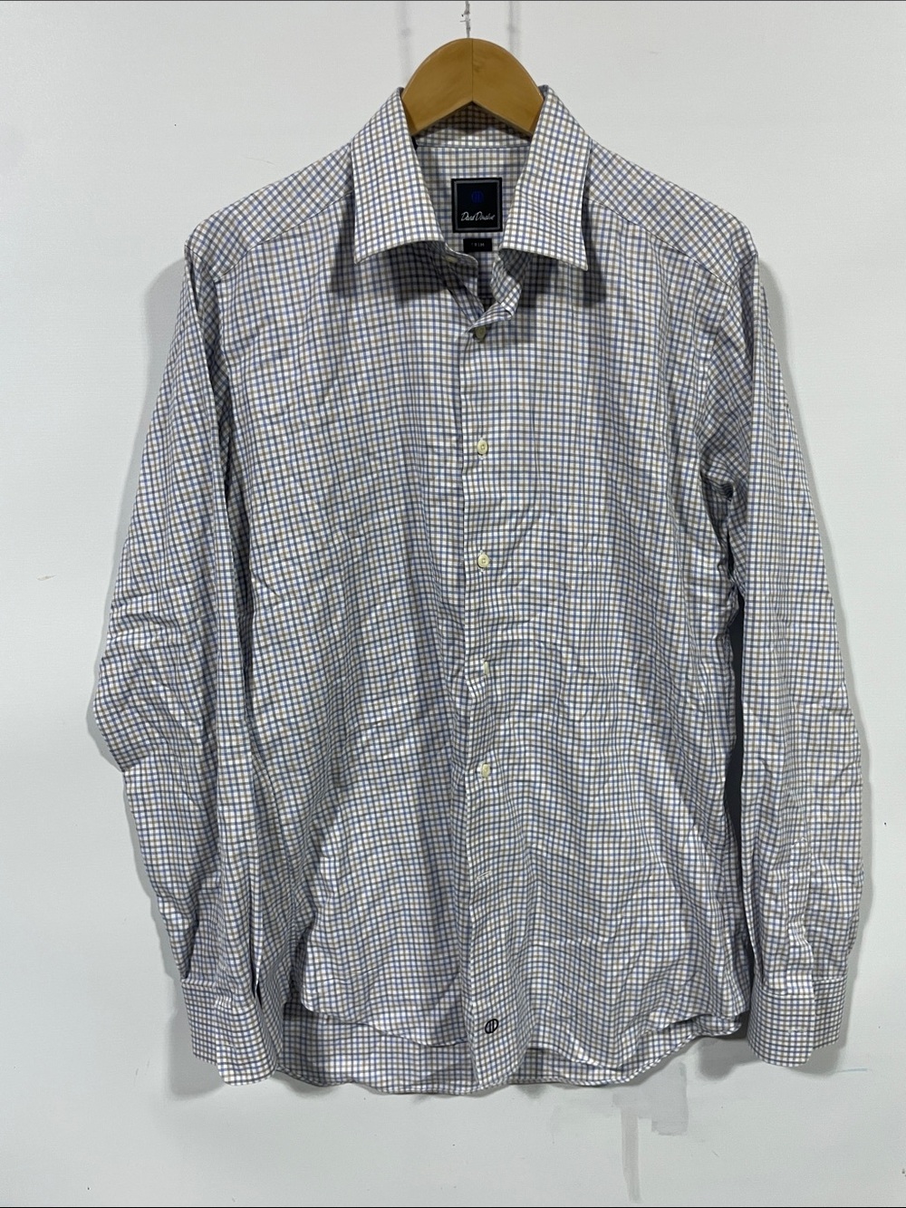 David Donahue Men's Checked Dress Shirt in Blue and White